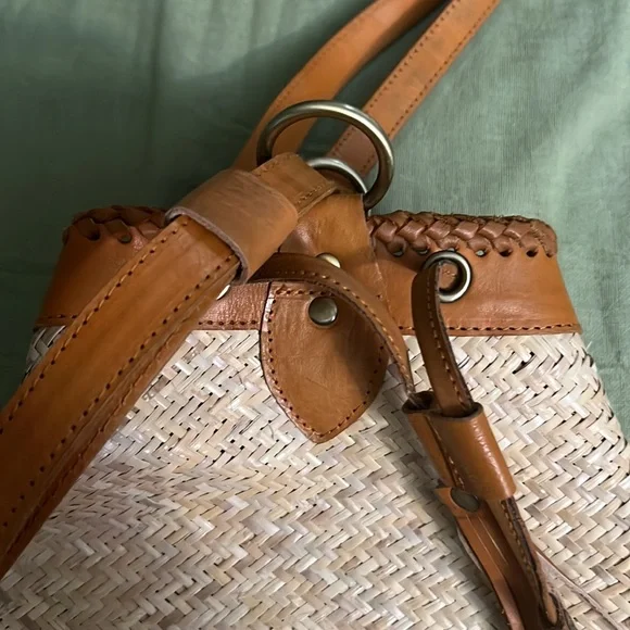 Anthropologie Street Level Boho Backpack Rattan Leather Tassels Circle Bag NWOT - Picture 3 of 10